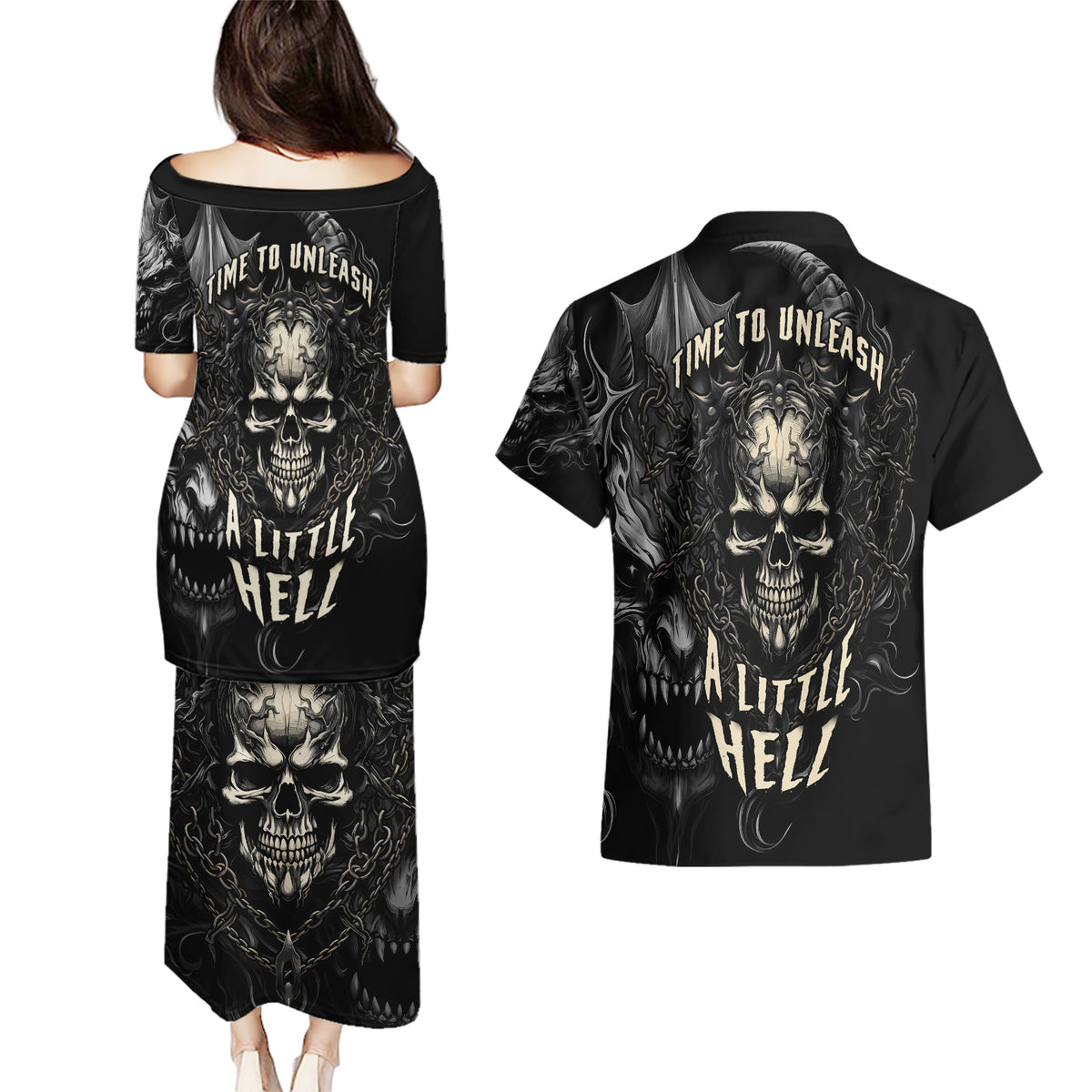 Skull Demon Fantasy Couples Matching Puletasi Dress and Hawaiian Shirt Time To Unleash A Litte Hell - Wonder Print Shop