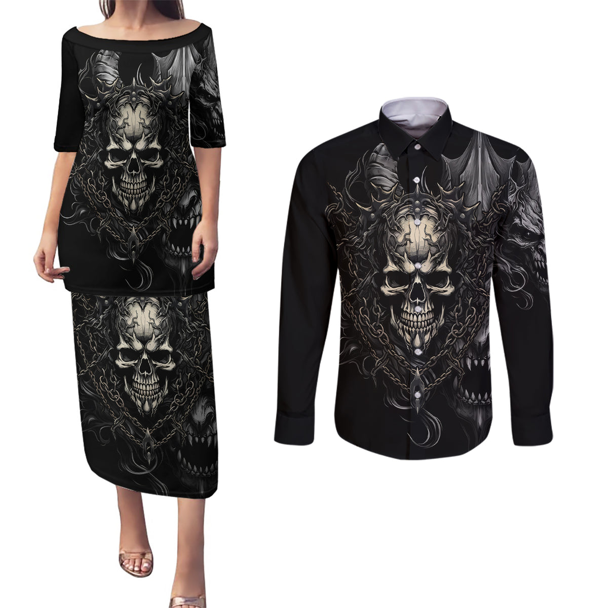 Skull Demon Fantasy Couples Matching Puletasi Dress and Long Sleeve Button Shirts Time To Unleash A Litte Hell - Wonder Print Shop