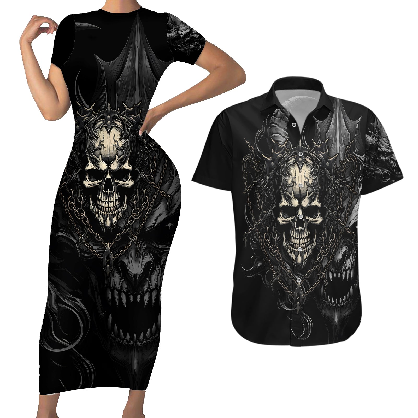 Skull Demon Fantasy Couples Matching Short Sleeve Bodycon Dress and Hawaiian Shirt Time To Unleash A Litte Hell - Wonder Print Shop