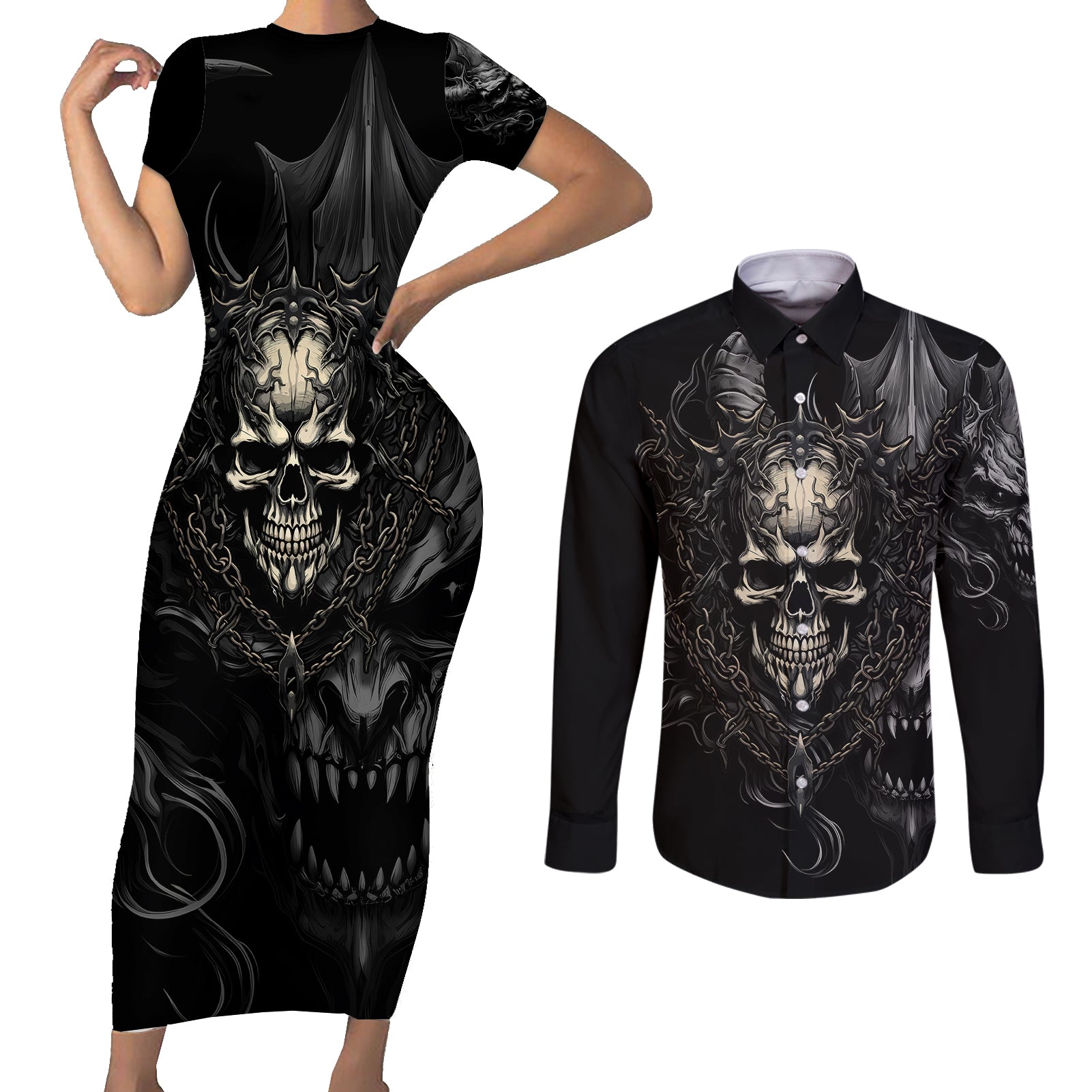 Skull Demon Fantasy Couples Matching Short Sleeve Bodycon Dress and Long Sleeve Button Shirts Time To Unleash A Litte Hell - Wonder Print Shop