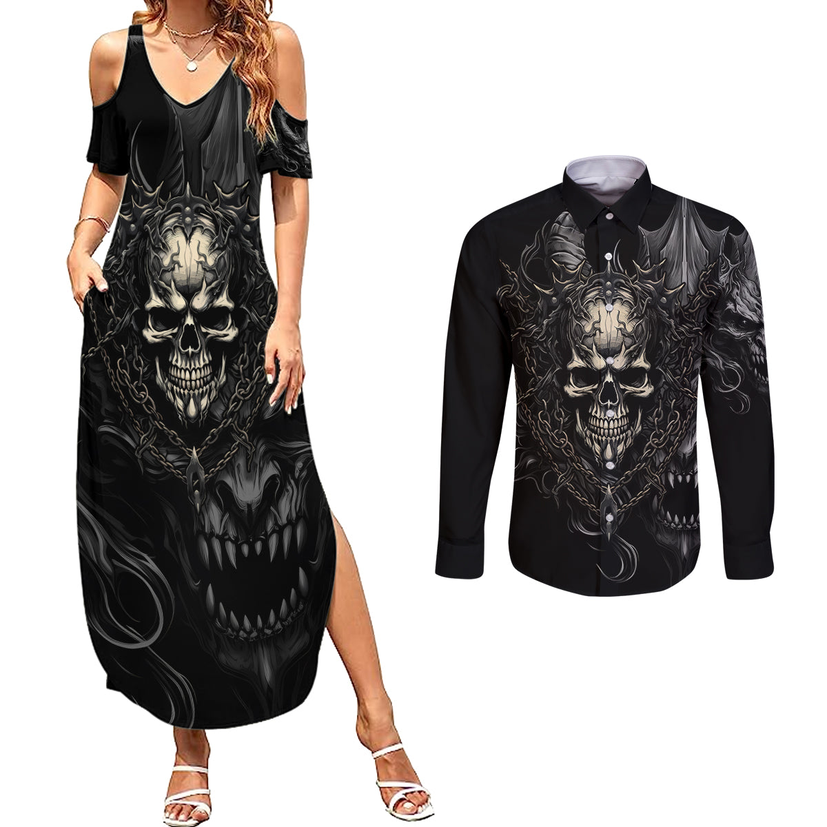 Skull Demon Fantasy Couples Matching Summer Maxi Dress and Long Sleeve Button Shirts Time To Unleash A Litte Hell - Wonder Print Shop