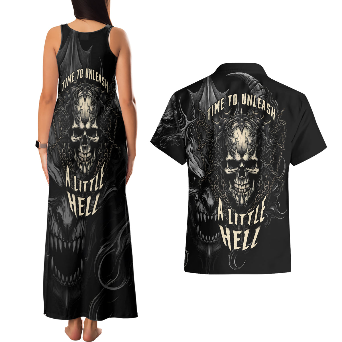 Skull Demon Fantasy Couples Matching Tank Maxi Dress and Hawaiian Shirt Time To Unleash A Litte Hell - Wonder Print Shop