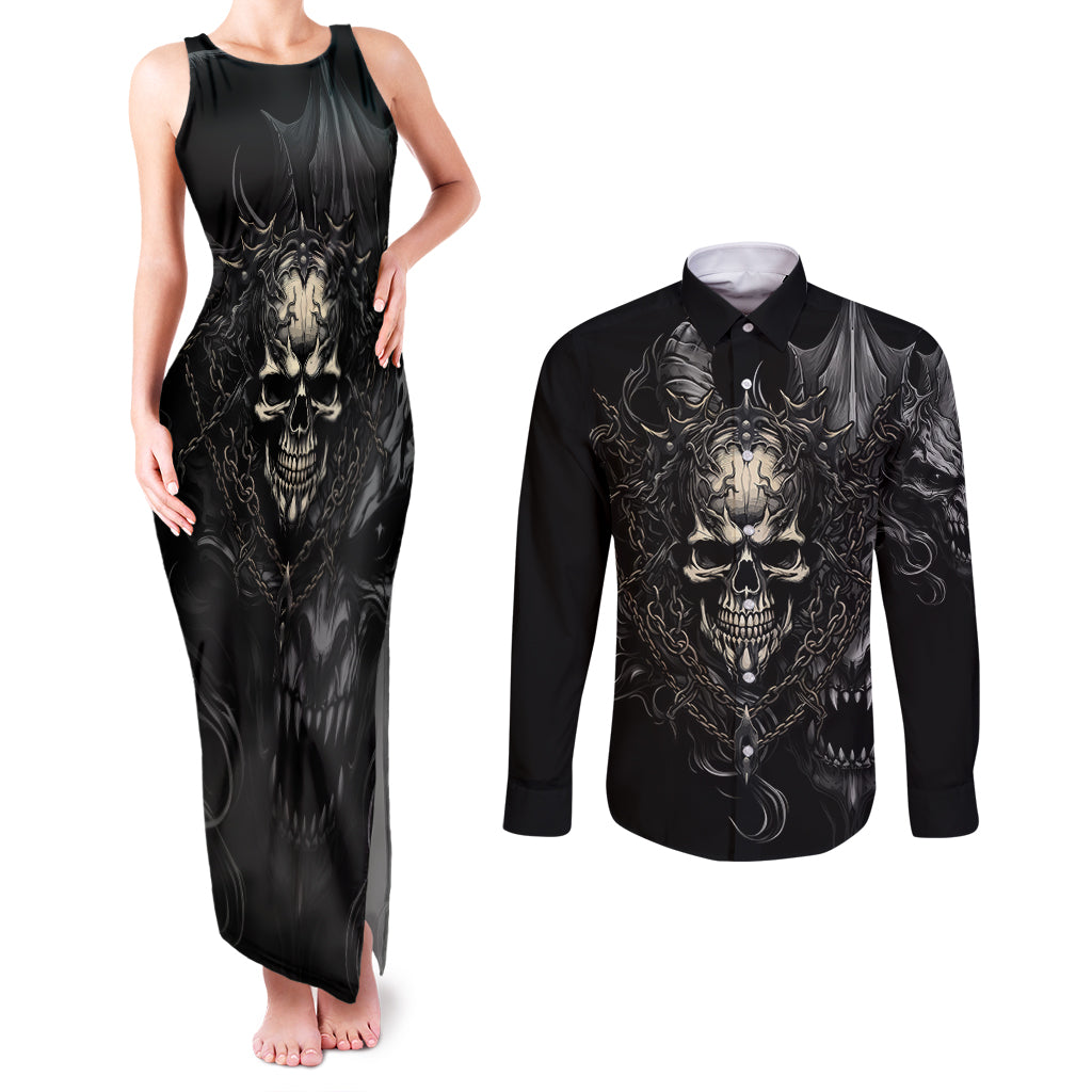 Skull Demon Fantasy Couples Matching Tank Maxi Dress and Long Sleeve Button Shirts Time To Unleash A Litte Hell - Wonder Print Shop