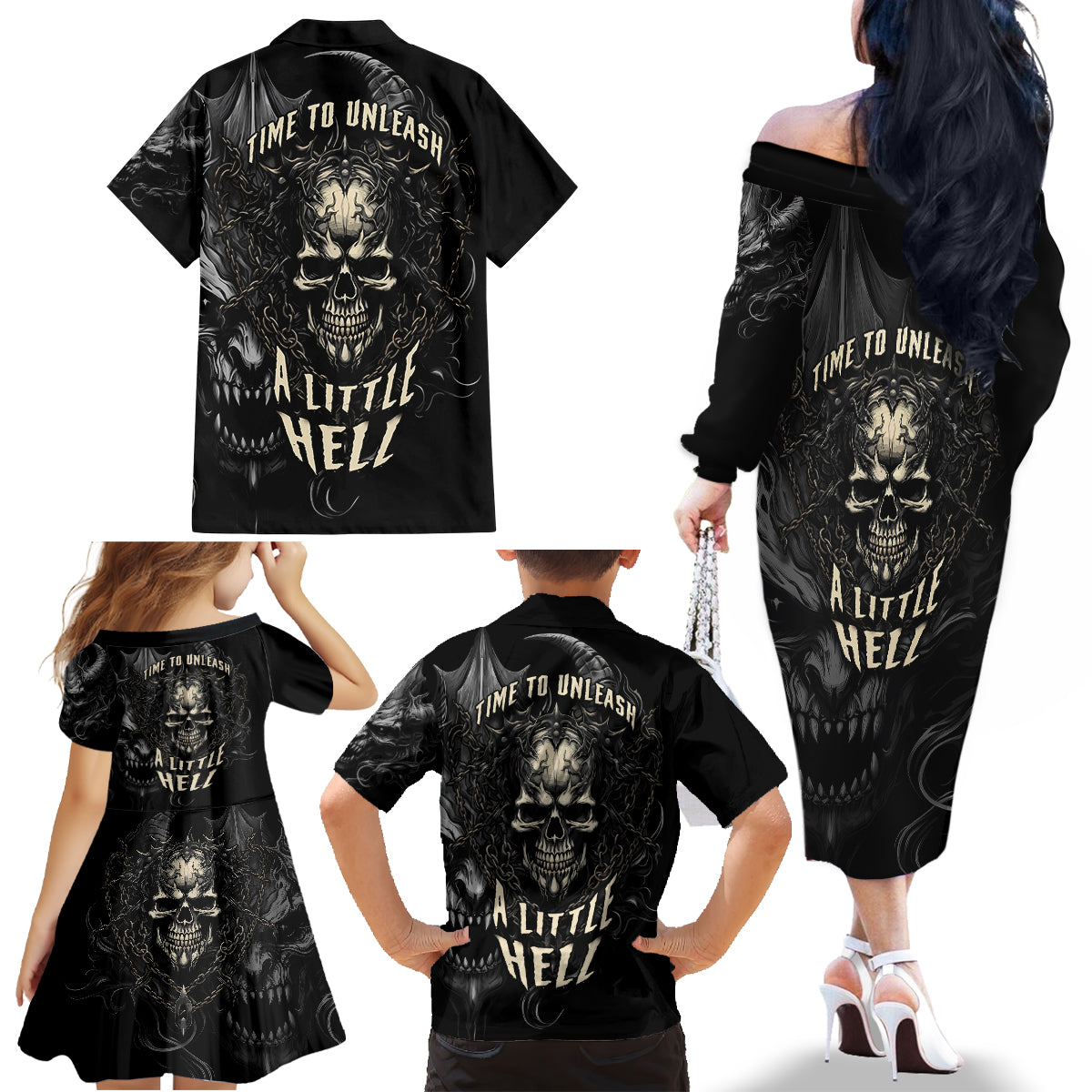 Skull Demon Fantasy Family Matching Off Shoulder Long Sleeve Dress and Hawaiian Shirt Time To Unleash A Litte Hell - Wonder Print Shop