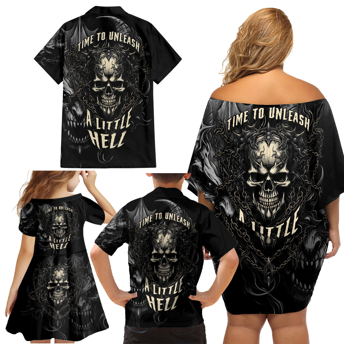 Skull Demon Fantasy Family Matching Off Shoulder Short Dress and Hawaiian Shirt Time To Unleash A Litte Hell - Wonder Print Shop