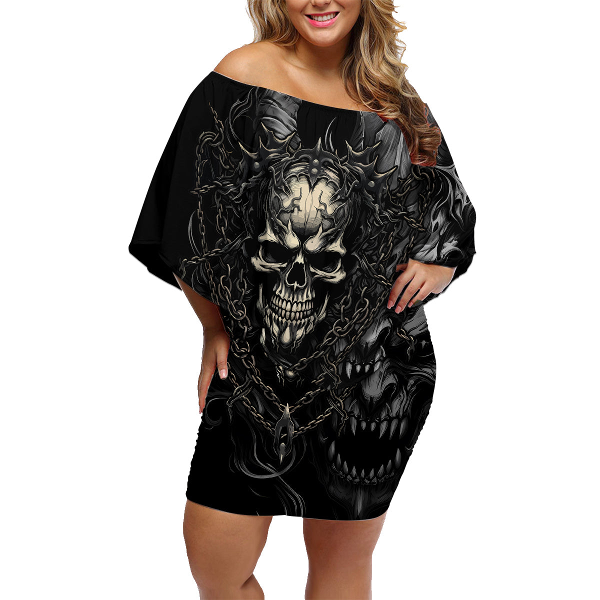 Skull Demon Fantasy Family Matching Off Shoulder Short Dress and Hawaiian Shirt Time To Unleash A Litte Hell - Wonder Print Shop