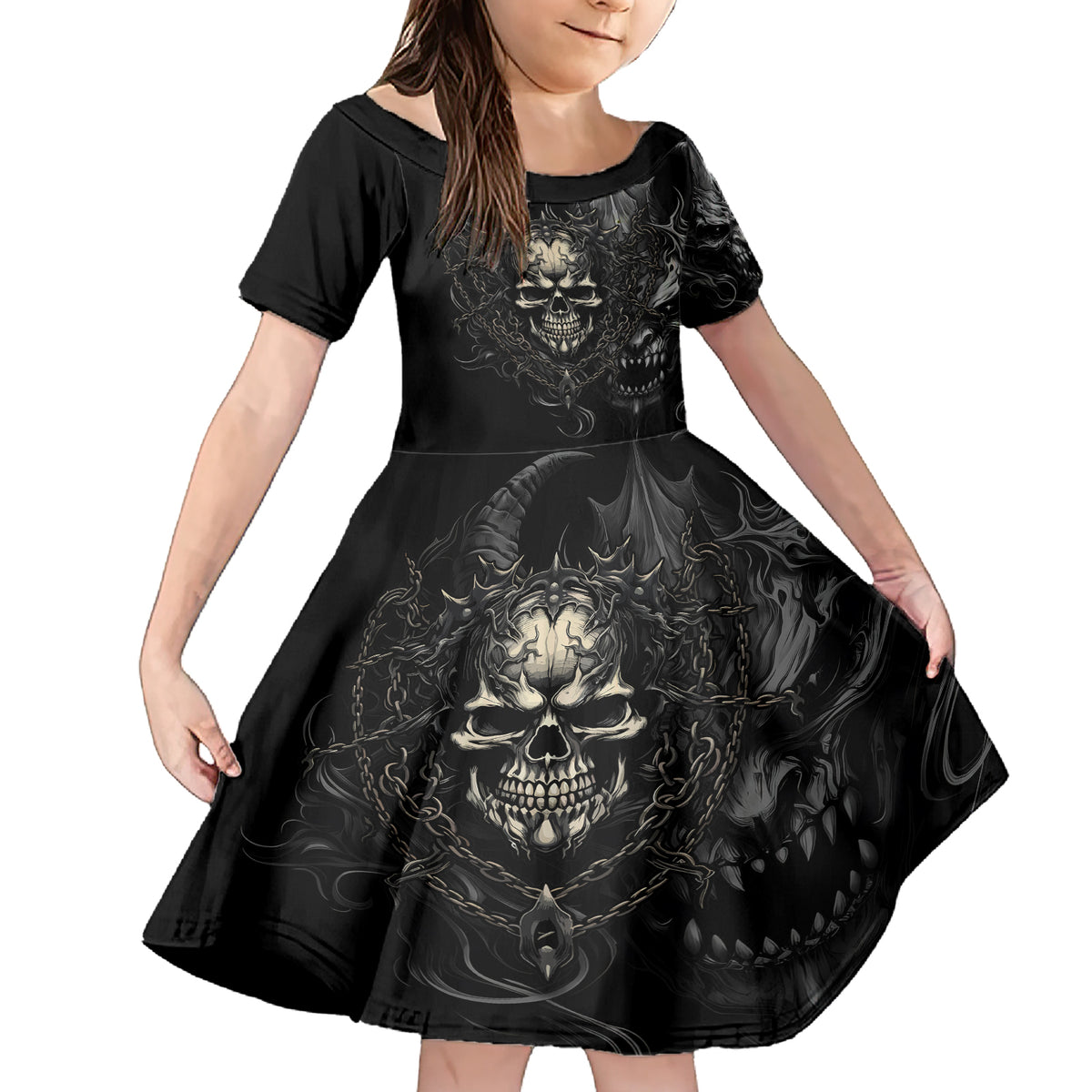 Skull Demon Fantasy Family Matching Short Sleeve Bodycon Dress and Hawaiian Shirt Time To Unleash A Litte Hell - Wonder Print Shop