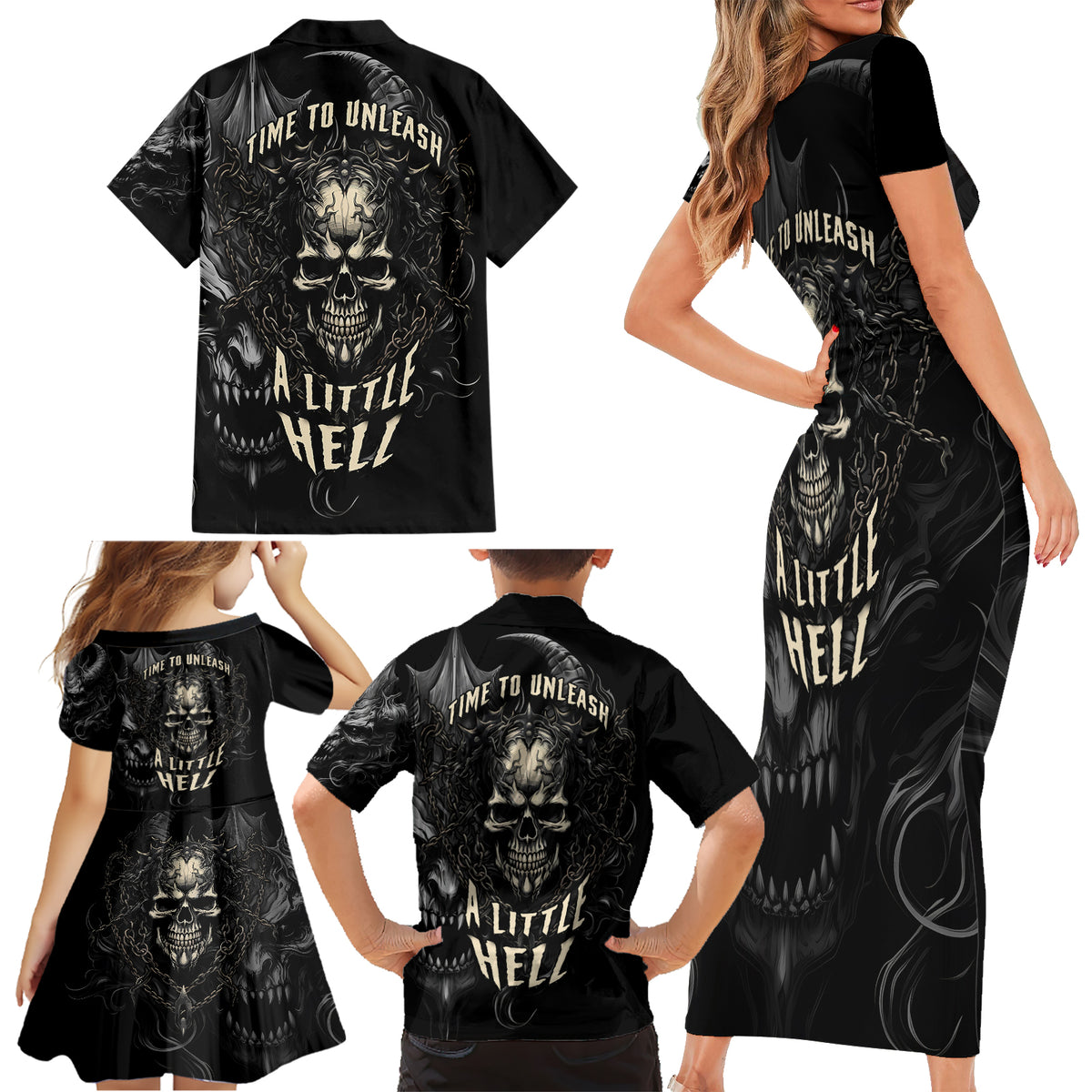 Skull Demon Fantasy Family Matching Short Sleeve Bodycon Dress and Hawaiian Shirt Time To Unleash A Litte Hell - Wonder Print Shop