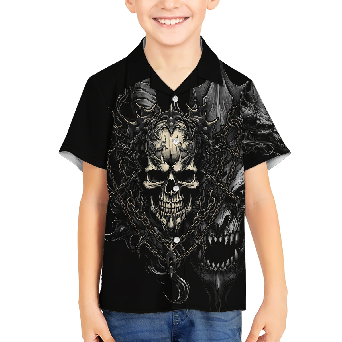 Skull Demon Fantasy Family Matching Short Sleeve Bodycon Dress and Hawaiian Shirt Time To Unleash A Litte Hell - Wonder Print Shop