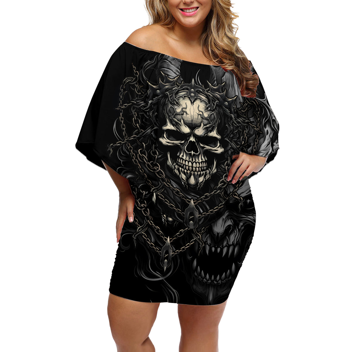 Skull Demon Fantasy Off Shoulder Short Dress Time To Unleash A Litte Hell - Wonder Print Shop