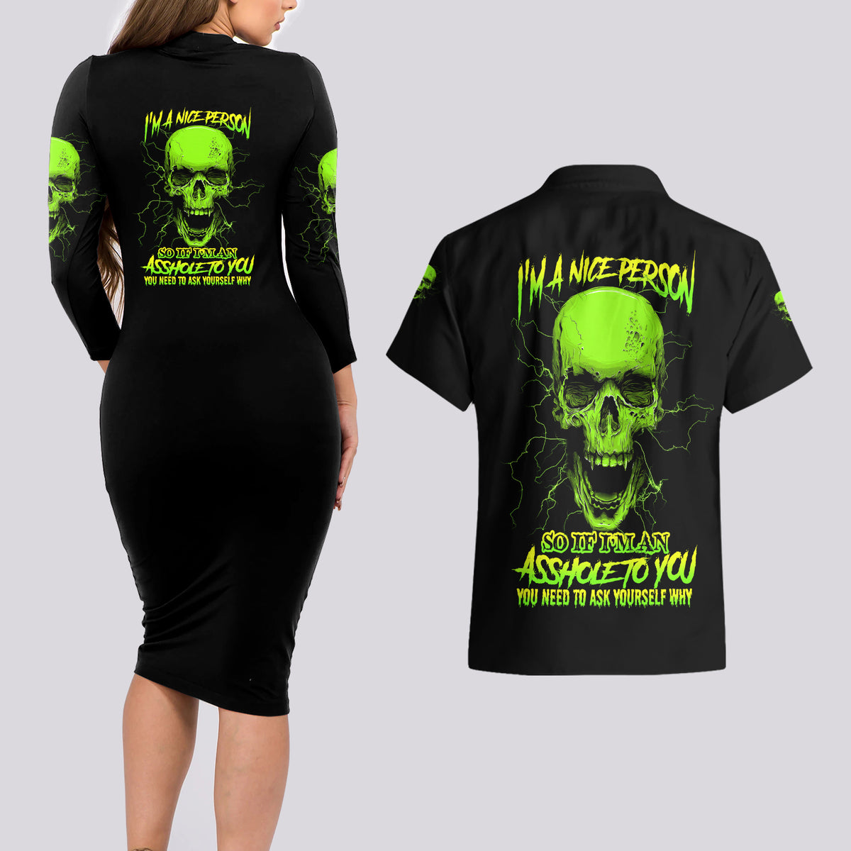 I'm A Nice Person Skull Couples Matching Long Sleeve Bodycon Dress and Hawaiian Shirt - Wonder Print Shop