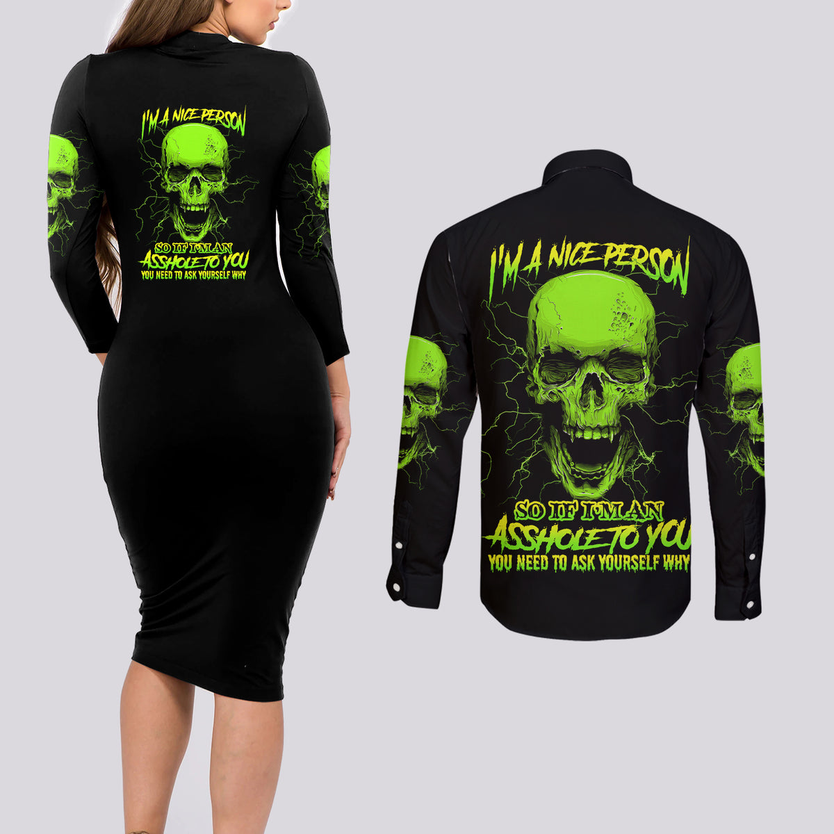 I'm A Nice Person Skull Couples Matching Long Sleeve Bodycon Dress and Long Sleeve Button Shirt - Wonder Print Shop