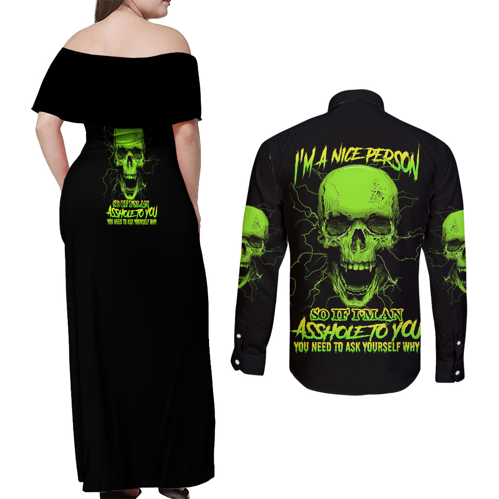 I'm A Nice Person Skull Couples Matching Off Shoulder Maxi Dress and Long Sleeve Button Shirt - Wonder Print Shop