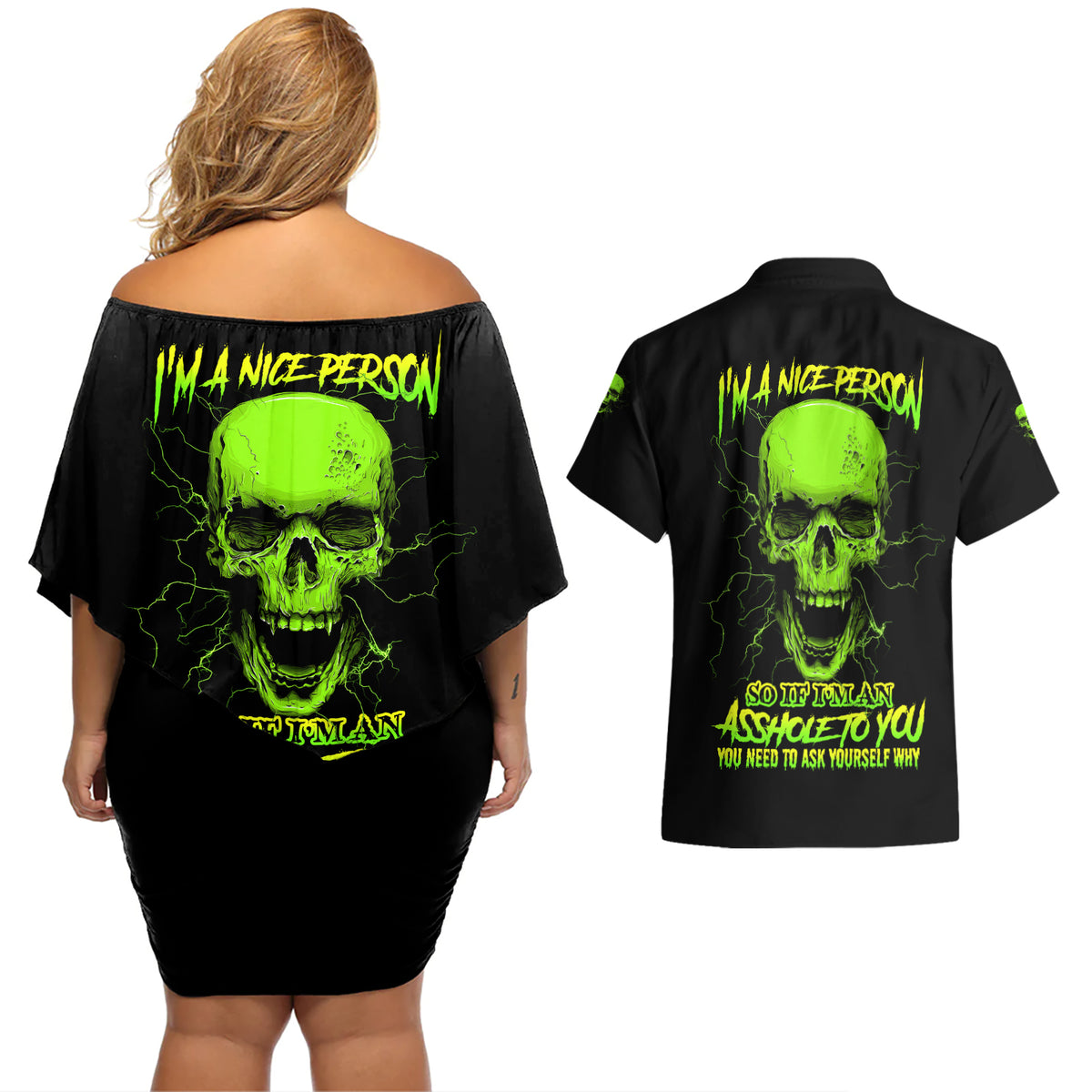 I'm A Nice Person Skull Couples Matching Off Shoulder Short Dress and Hawaiian Shirt - Wonder Print Shop