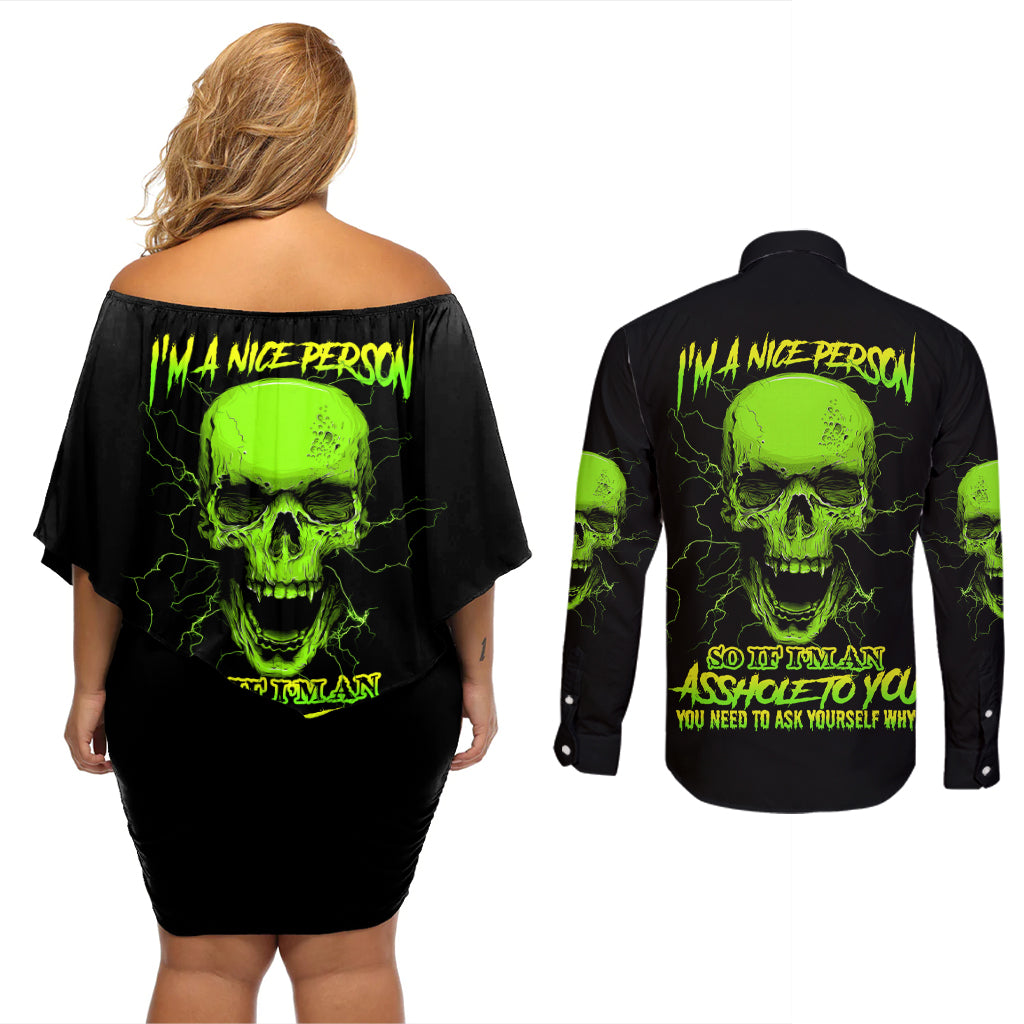 I'm A Nice Person Skull Couples Matching Off Shoulder Short Dress and Long Sleeve Button Shirt - Wonder Print Shop