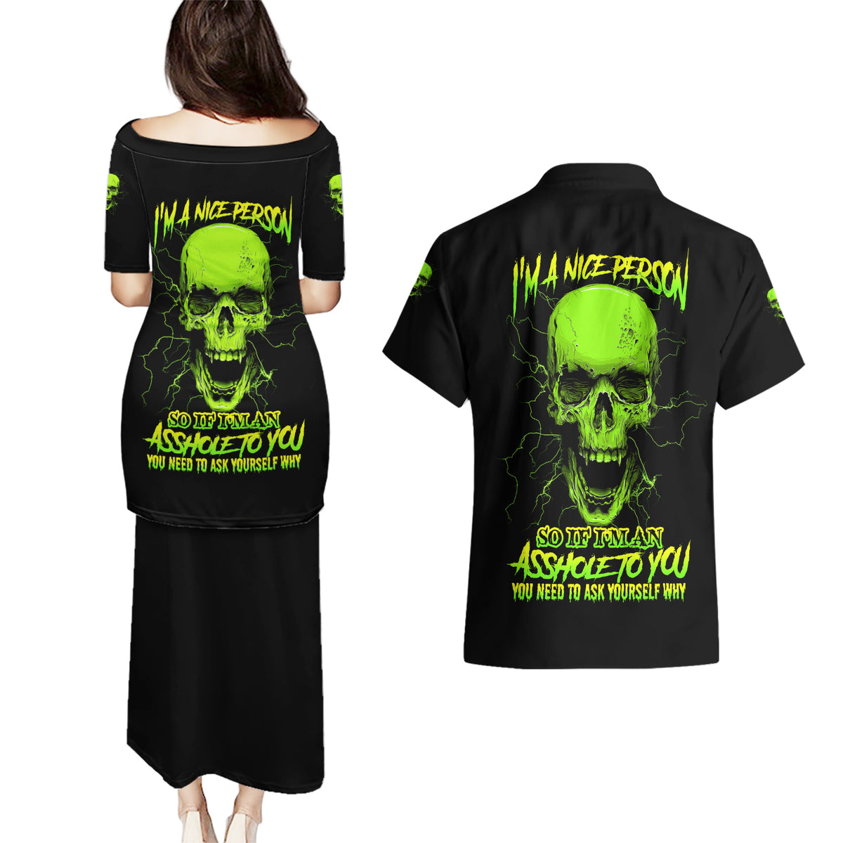 I'm A Nice Person Skull Couples Matching Puletasi Dress and Hawaiian Shirt - Wonder Print Shop