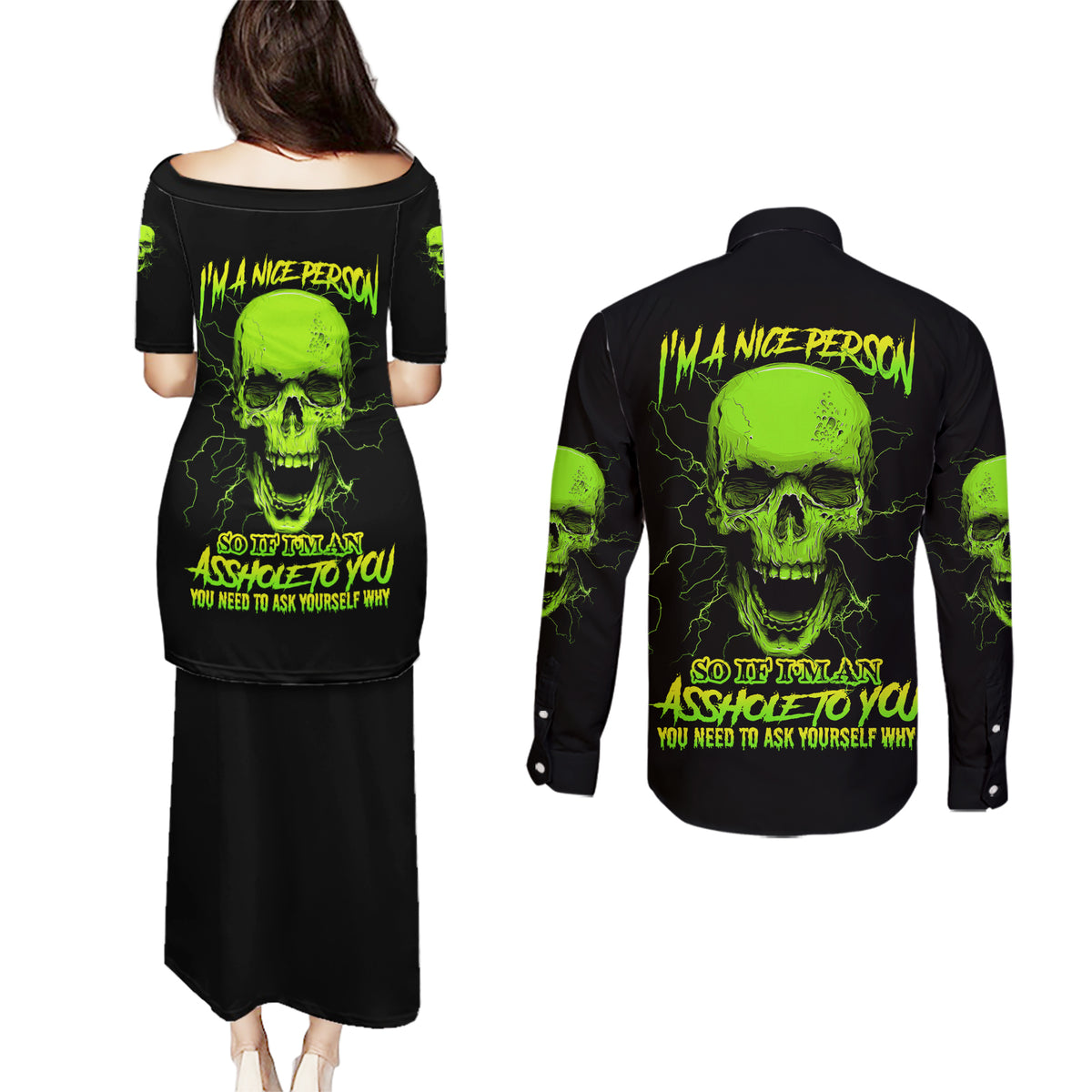 I'm A Nice Person Skull Couples Matching Puletasi Dress and Long Sleeve Button Shirt - Wonder Print Shop