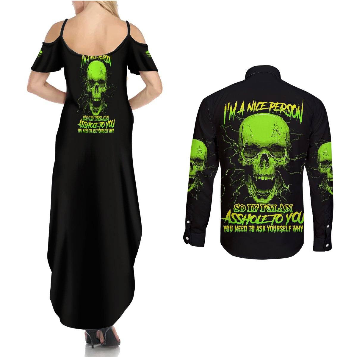 I'm A Nice Person Skull Couples Matching Summer Maxi Dress and Long Sleeve Button Shirt - Wonder Print Shop