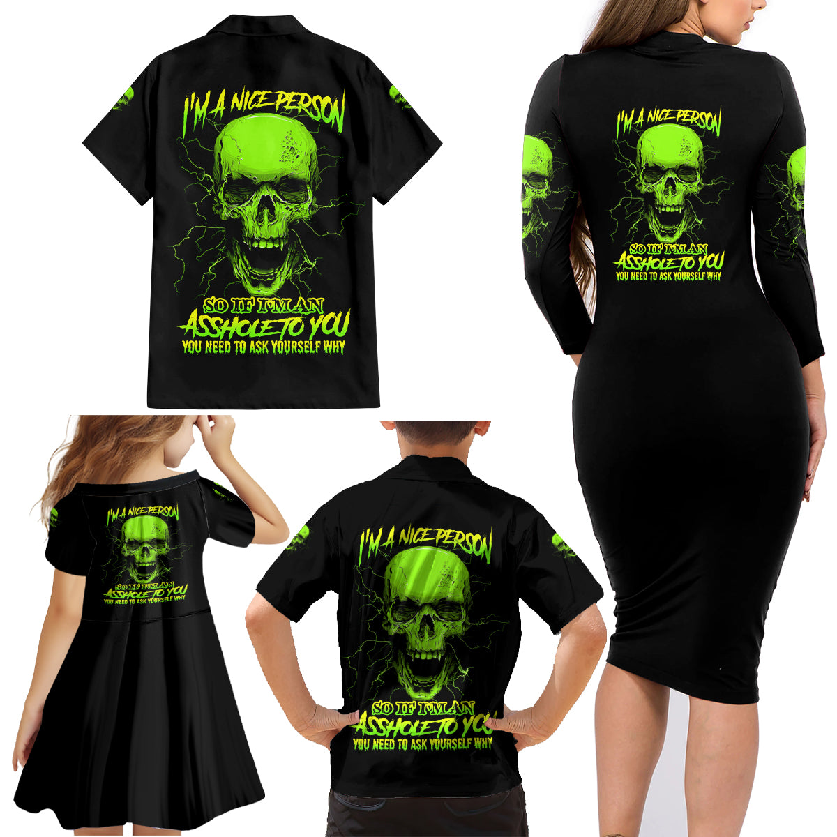 I'm A Nice Person Skull Family Matching Long Sleeve Bodycon Dress and Hawaiian Shirt - Wonder Print Shop