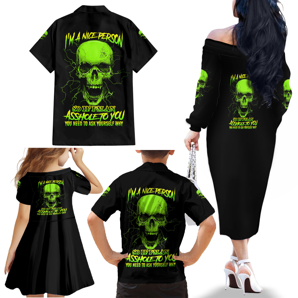 I'm A Nice Person Skull Family Matching Off Shoulder Long Sleeve Dress and Hawaiian Shirt - Wonder Print Shop