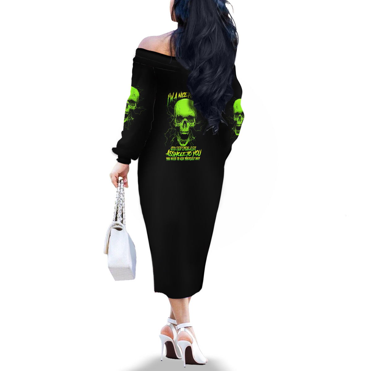I'm A Nice Person Skull Family Matching Off Shoulder Long Sleeve Dress and Hawaiian Shirt - Wonder Print Shop