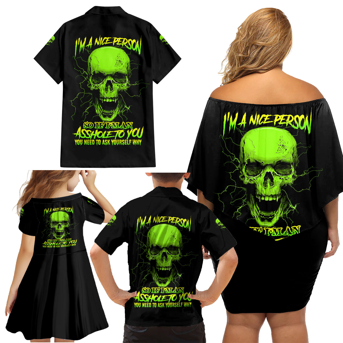 I'm A Nice Person Skull Family Matching Off Shoulder Short Dress and Hawaiian Shirt - Wonder Print Shop