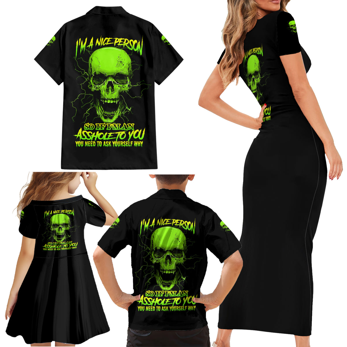 I'm A Nice Person Skull Family Matching Short Sleeve Bodycon Dress and Hawaiian Shirt - Wonder Print Shop