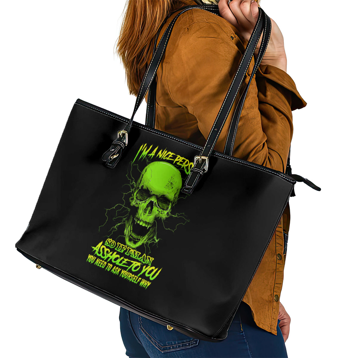 I'm A Nice Person Skull Leather Tote Bag - Wonder Print Shop