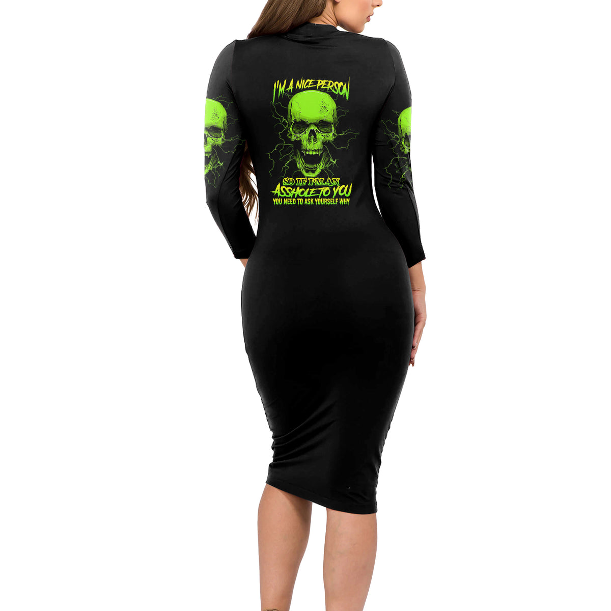 I'm A Nice Person Skull Long Sleeve Bodycon Dress - Wonder Print Shop