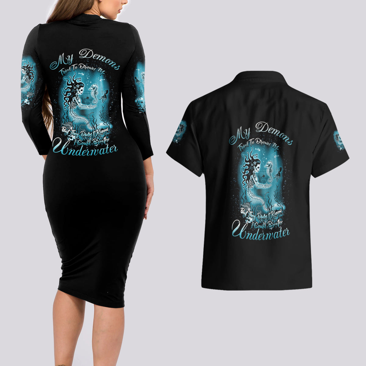My Demons Tried To Drown Me Mermaid Couples Matching Long Sleeve Bodycon Dress and Hawaiian Shirt - Wonder Print Shop