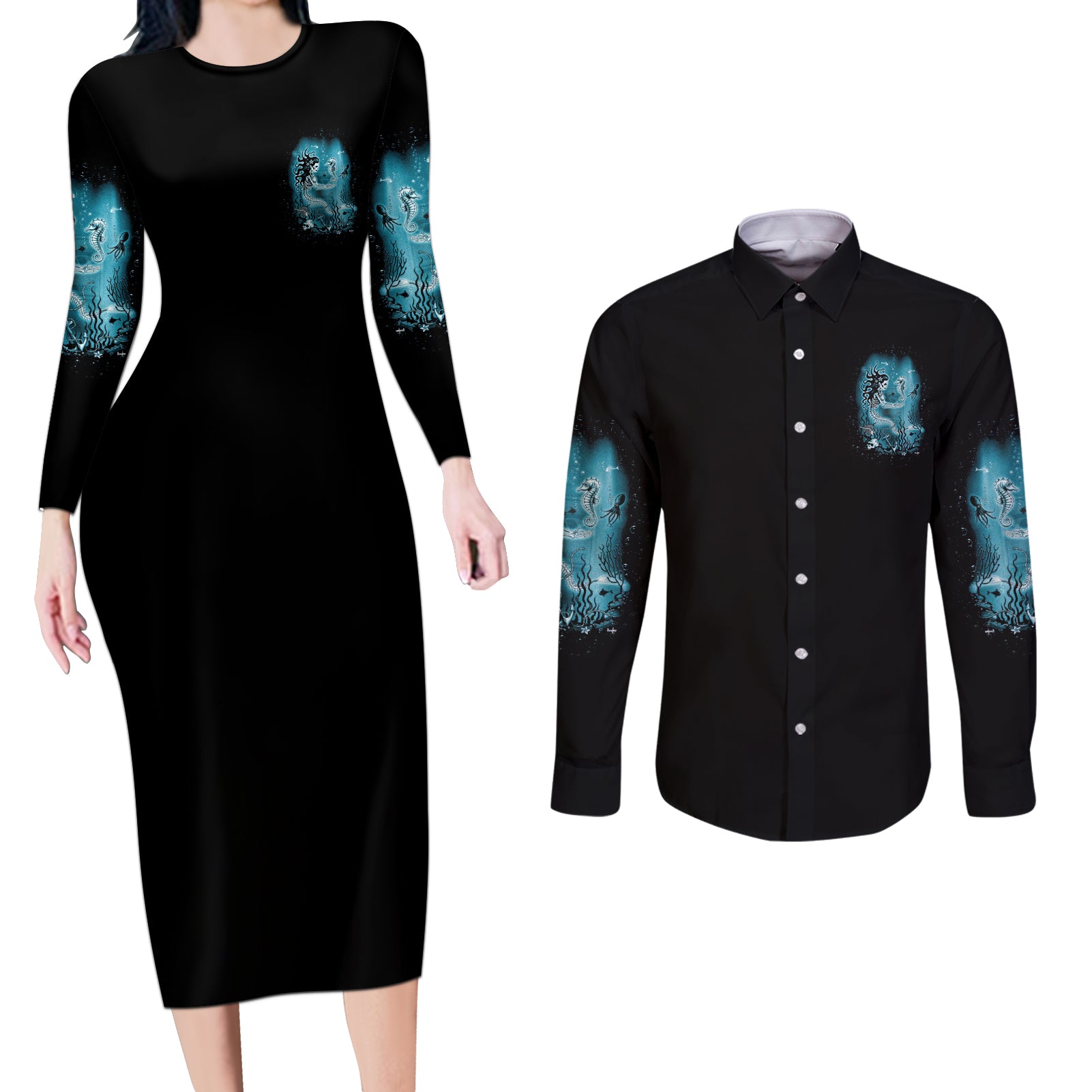 My Demons Tried To Drown Me Mermaid Couples Matching Long Sleeve Bodycon Dress and Long Sleeve Button Shirt - Wonder Print Shop