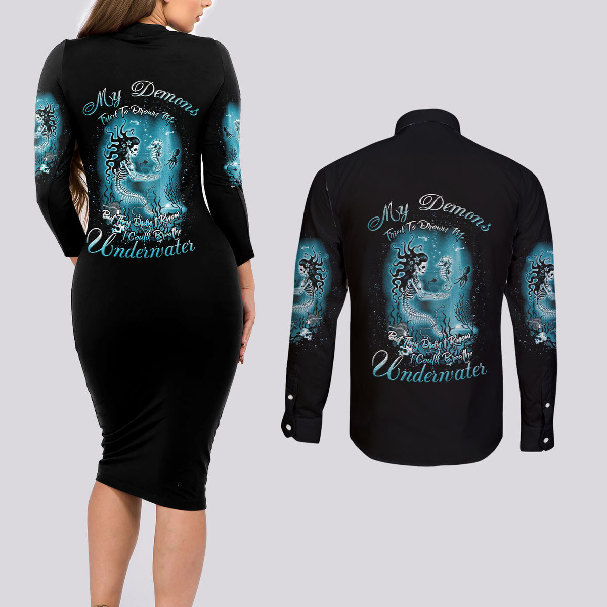 My Demons Tried To Drown Me Mermaid Couples Matching Long Sleeve Bodycon Dress and Long Sleeve Button Shirt - Wonder Print Shop