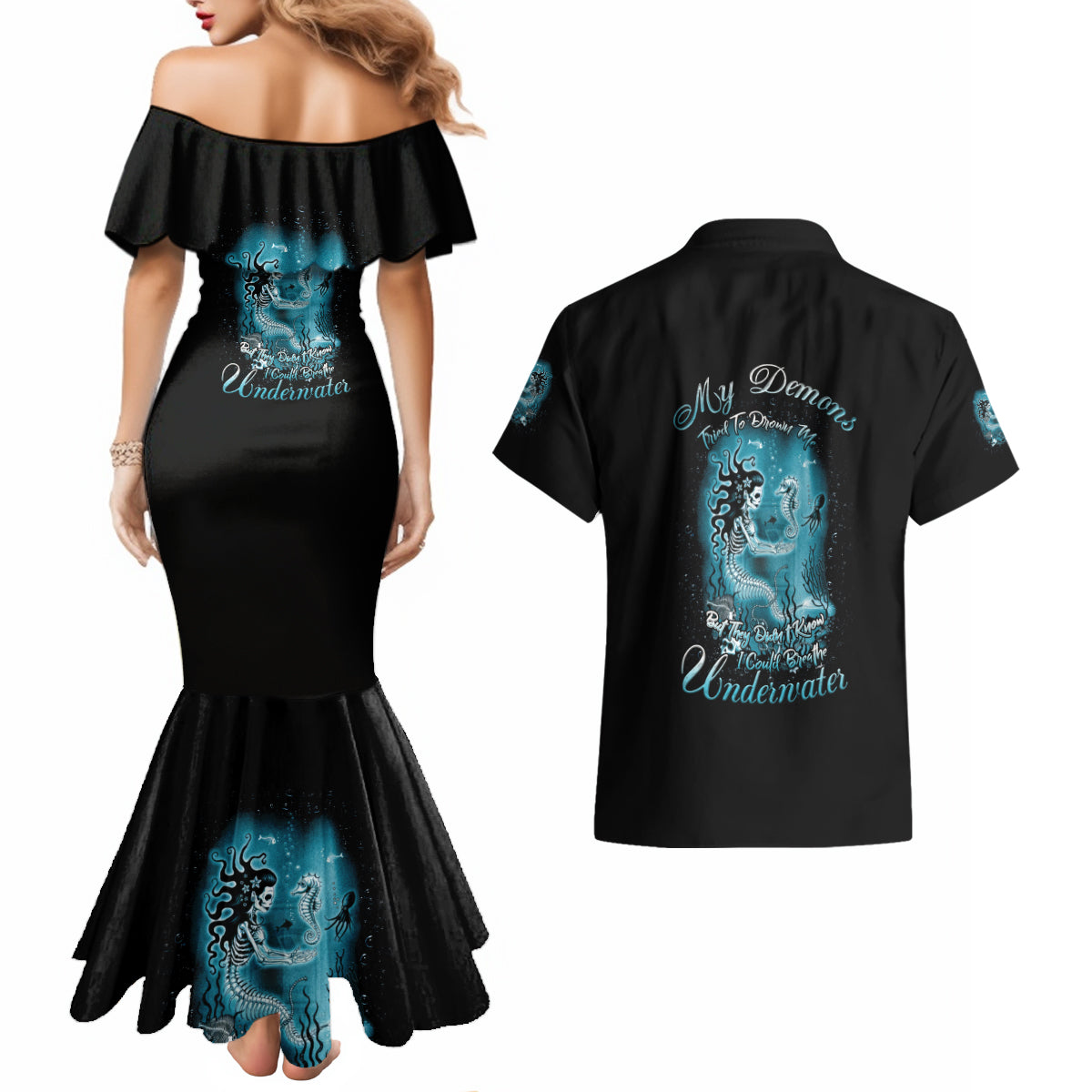 My Demons Tried To Drown Me Mermaid Couples Matching Mermaid Dress and Hawaiian Shirt - Wonder Print Shop