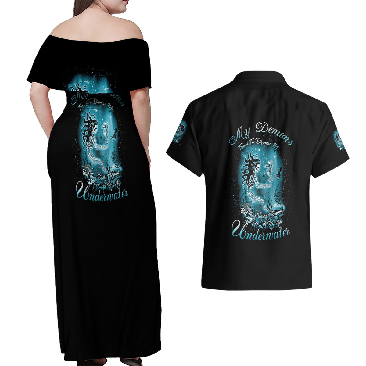 My Demons Tried To Drown Me Mermaid Couples Matching Off Shoulder Maxi Dress and Hawaiian Shirt - Wonder Print Shop