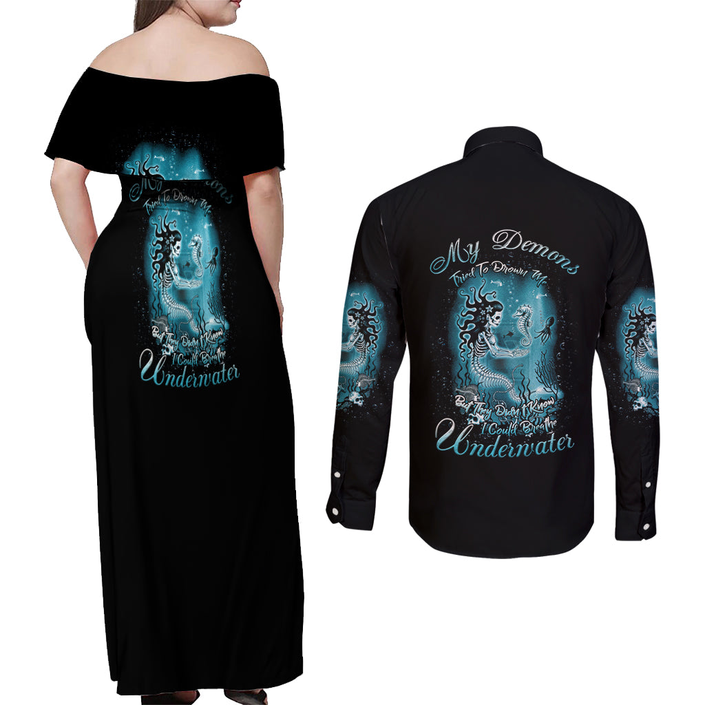 My Demons Tried To Drown Me Mermaid Couples Matching Off Shoulder Maxi Dress and Long Sleeve Button Shirt - Wonder Print Shop