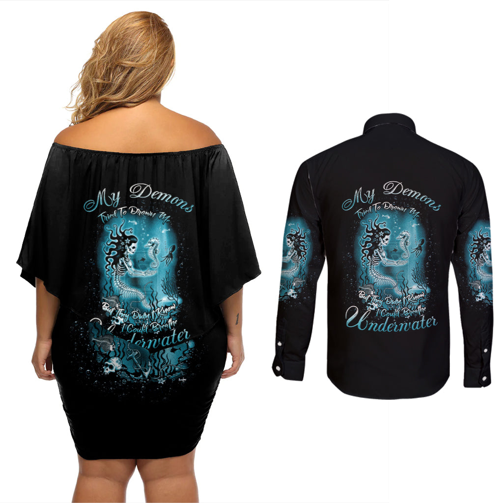 My Demons Tried To Drown Me Mermaid Couples Matching Off Shoulder Short Dress and Long Sleeve Button Shirt - Wonder Print Shop