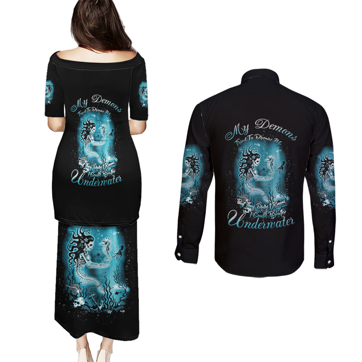 My Demons Tried To Drown Me Mermaid Couples Matching Puletasi Dress and Long Sleeve Button Shirt - Wonder Print Shop