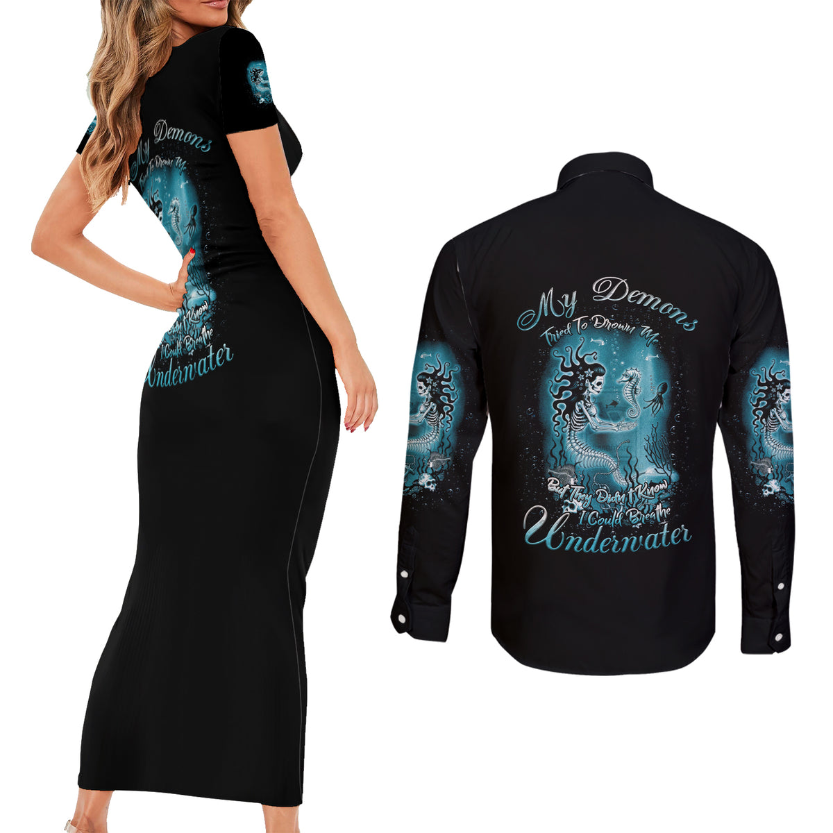 My Demons Tried To Drown Me Mermaid Couples Matching Short Sleeve Bodycon Dress and Long Sleeve Button Shirt - Wonder Print Shop
