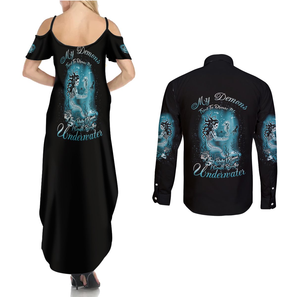 My Demons Tried To Drown Me Mermaid Couples Matching Summer Maxi Dress and Long Sleeve Button Shirt - Wonder Print Shop