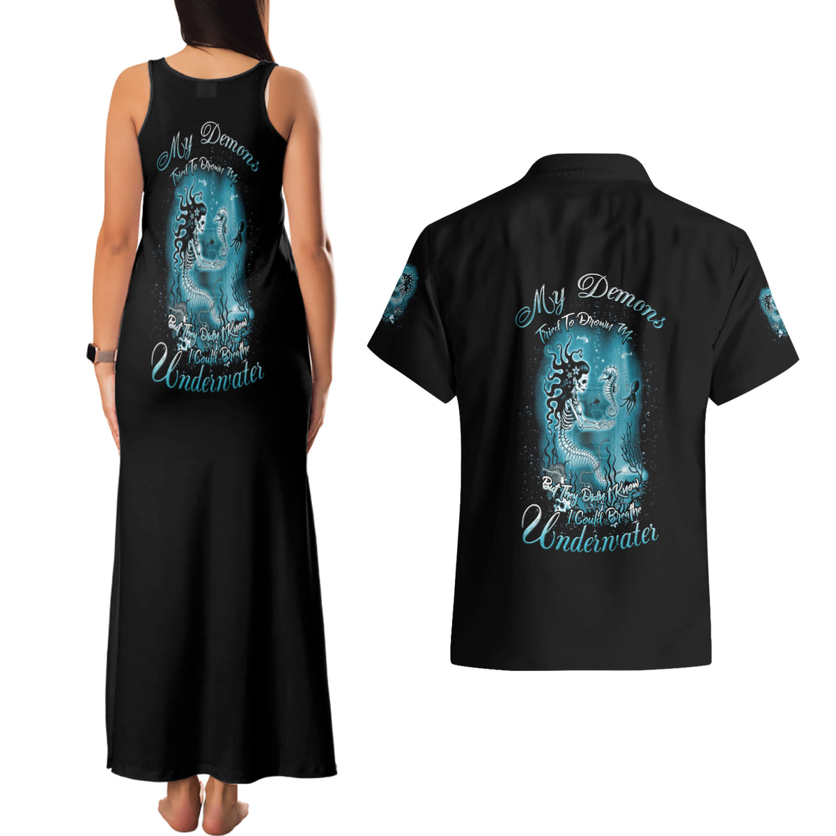 My Demons Tried To Drown Me Mermaid Couples Matching Tank Maxi Dress and Hawaiian Shirt - Wonder Print Shop