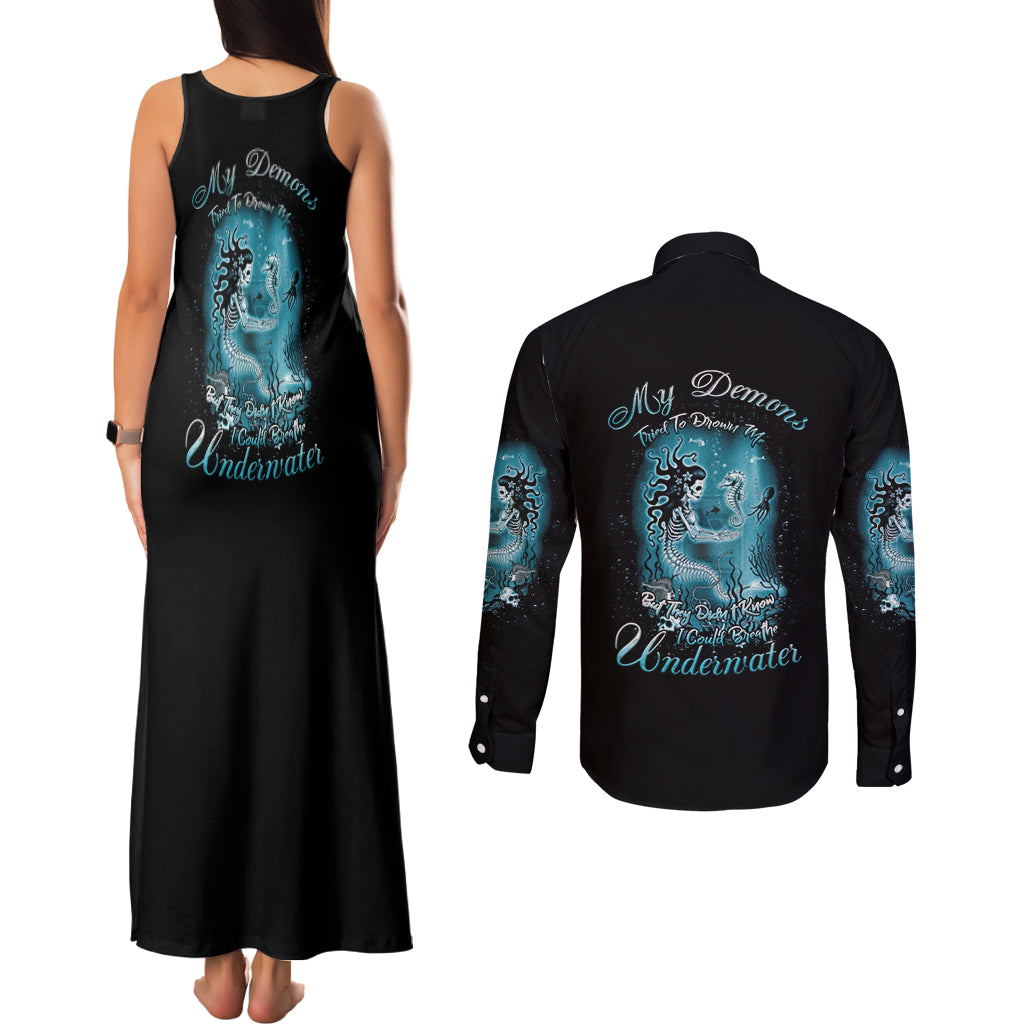 My Demons Tried To Drown Me Mermaid Couples Matching Tank Maxi Dress and Long Sleeve Button Shirt - Wonder Print Shop