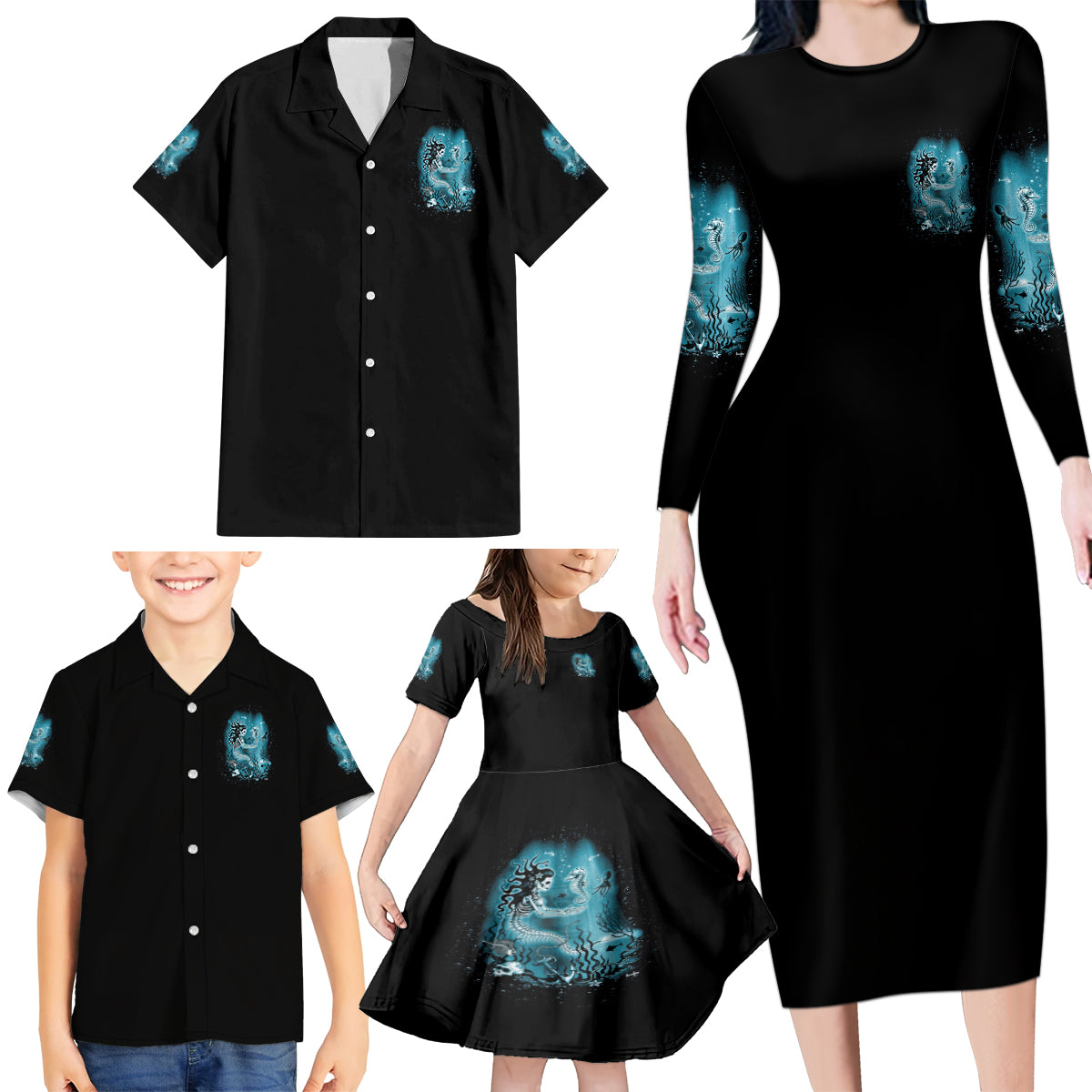 My Demons Tried To Drown Me Mermaid Family Matching Long Sleeve Bodycon Dress and Hawaiian Shirt - Wonder Print Shop