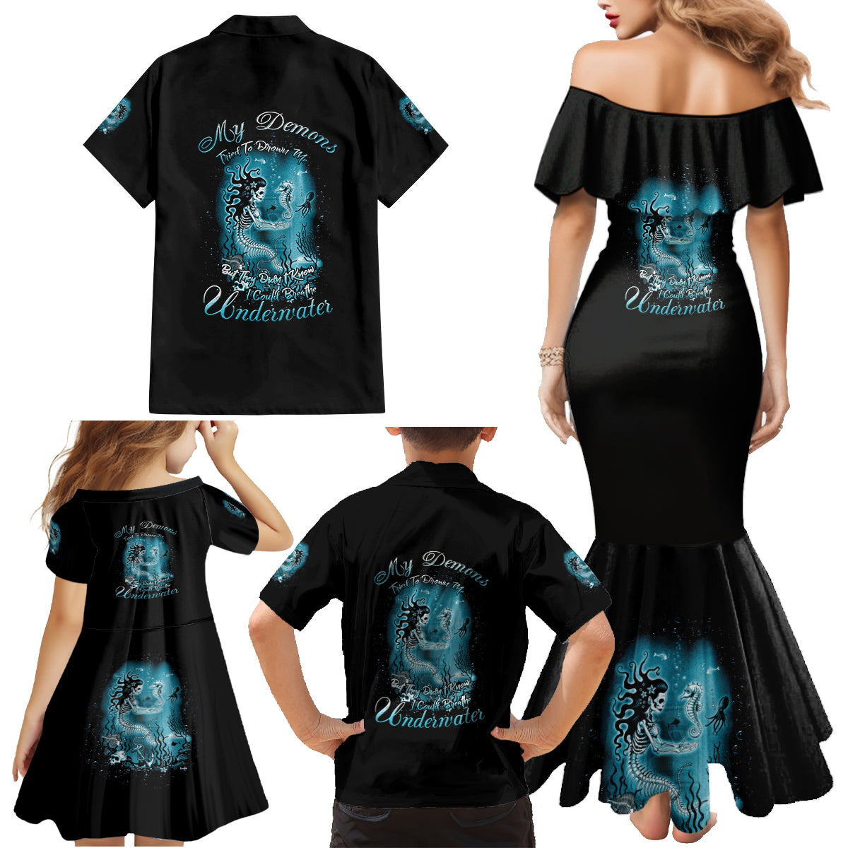 My Demons Tried To Drown Me Mermaid Family Matching Mermaid Dress and Hawaiian Shirt - Wonder Print Shop
