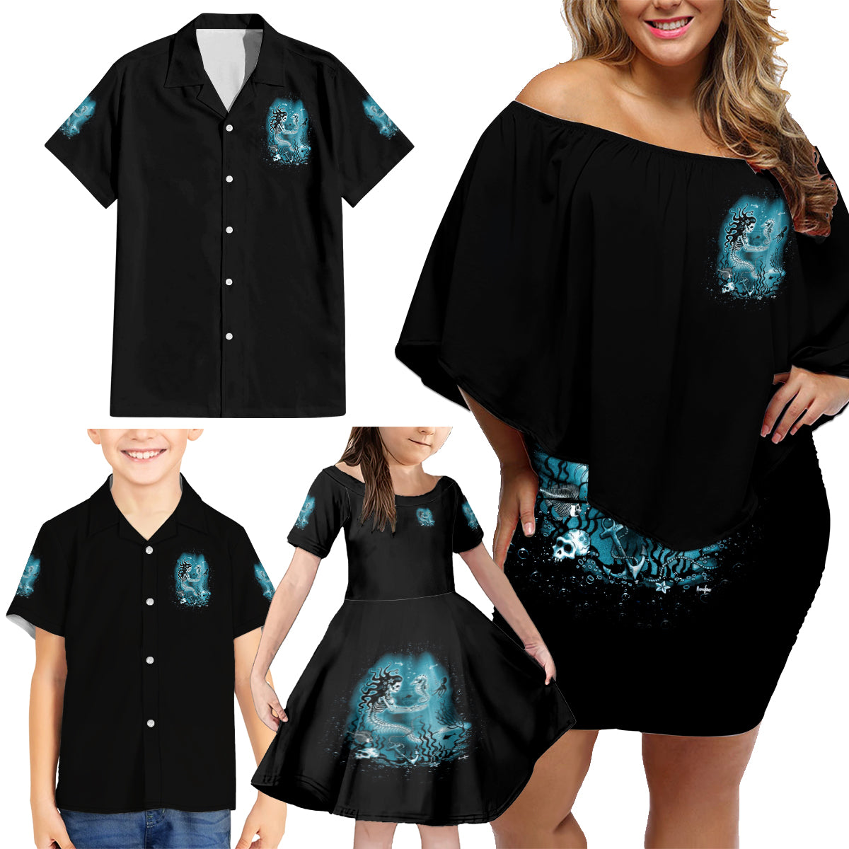 My Demons Tried To Drown Me Mermaid Family Matching Off Shoulder Short Dress and Hawaiian Shirt - Wonder Print Shop