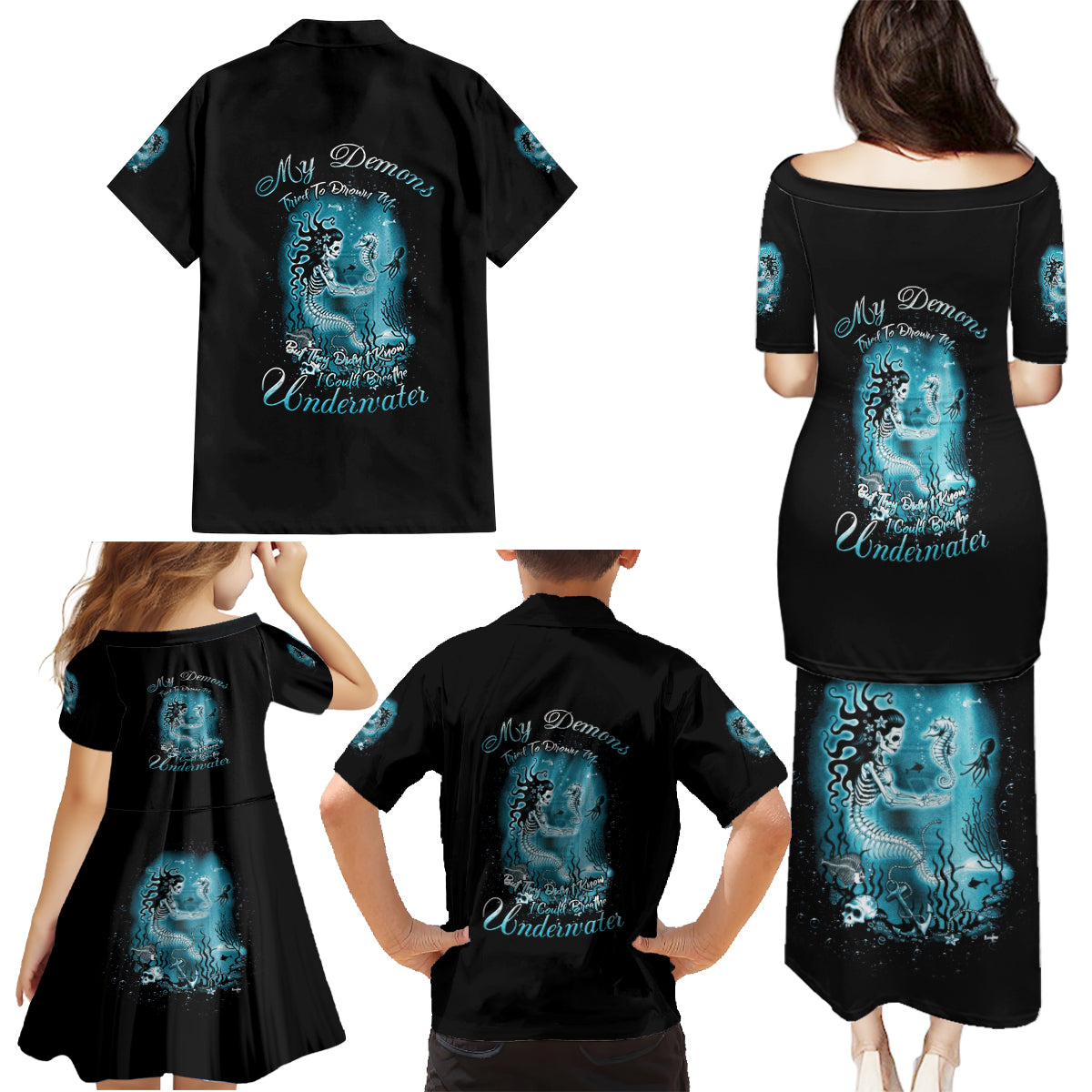 My Demons Tried To Drown Me Mermaid Family Matching Puletasi Dress and Hawaiian Shirt - Wonder Print Shop