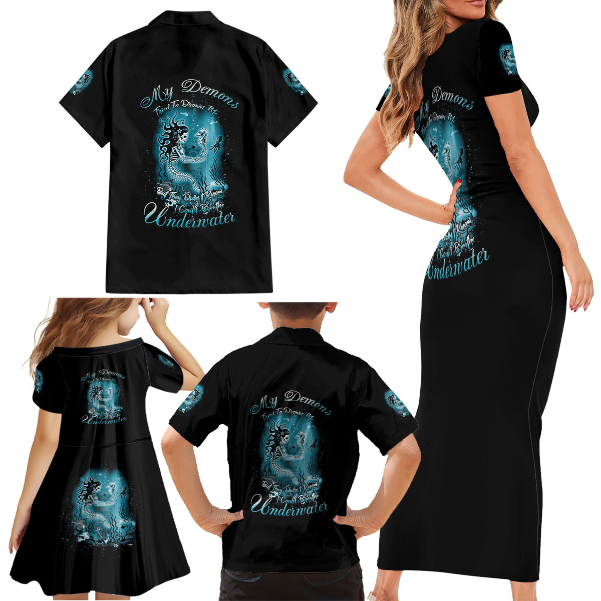 My Demons Tried To Drown Me Mermaid Family Matching Short Sleeve Bodycon Dress and Hawaiian Shirt - Wonder Print Shop