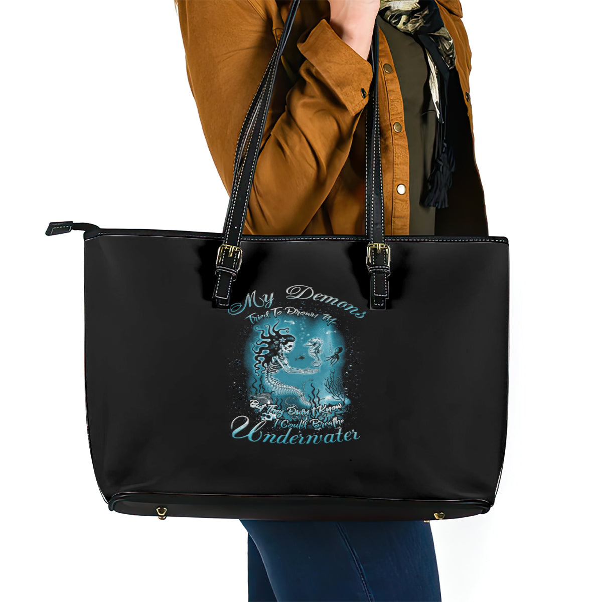 My Demons Tried To Drown Me Mermaid Leather Tote Bag - Wonder Print Shop