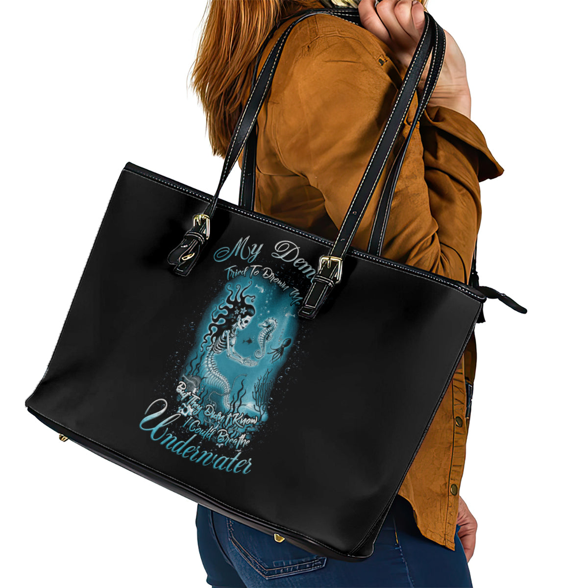 My Demons Tried To Drown Me Mermaid Leather Tote Bag - Wonder Print Shop