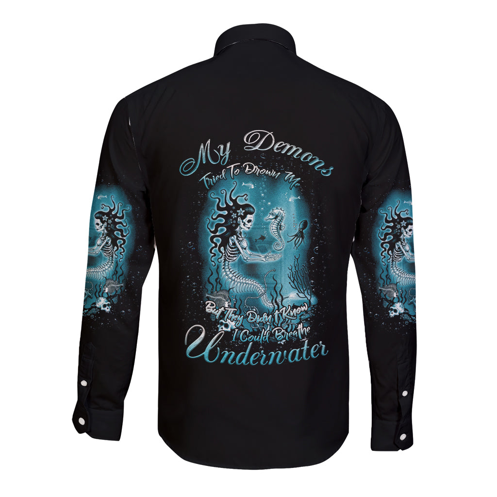 My Demons Tried To Drown Me Mermaid Long Sleeve Button Shirt - Wonder Print Shop
