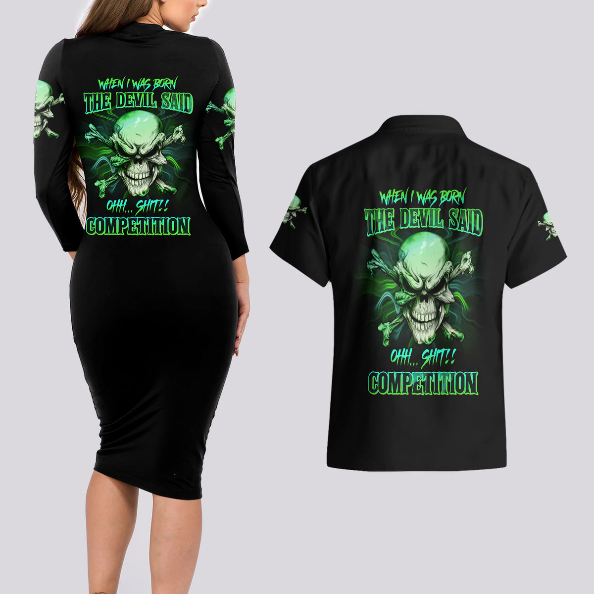 When I Was Born Mad Skull Couples Matching Long Sleeve Bodycon Dress and Hawaiian Shirt - Wonder Print Shop